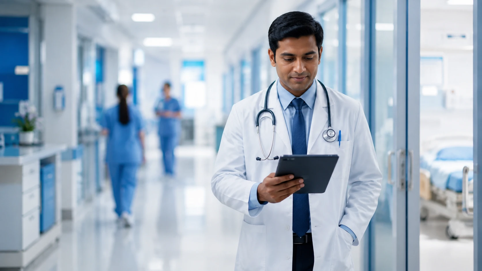 Doctor reviewing programme material on a tablet