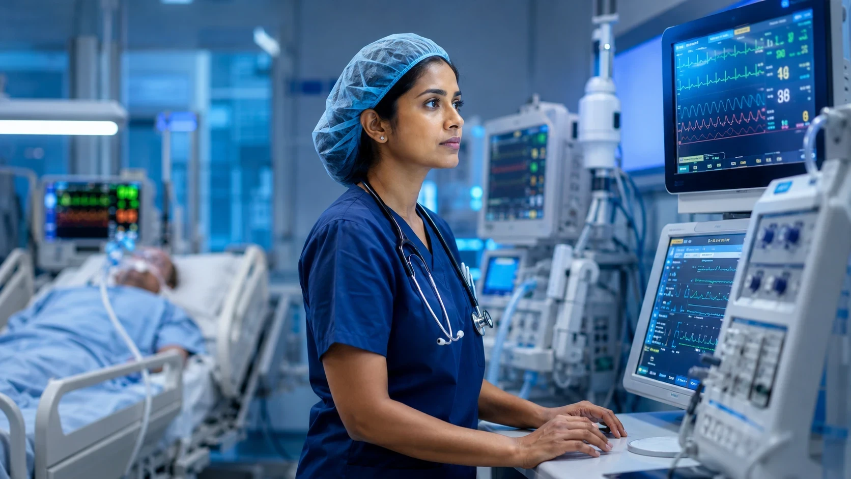 A doctor reviewing patient monitoring data in an intensive care unit
