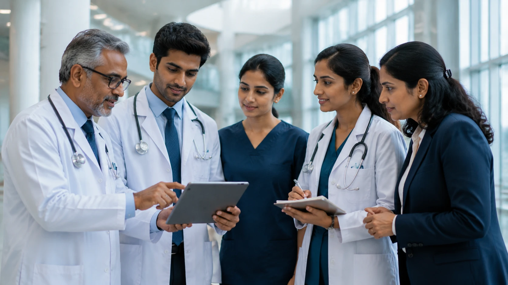 A group of doctors reviewing case notes together
